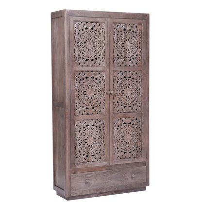 Rustic Hand carved Reclaimed Wood Armoire w Shelves And Drawer – handcrafted solid wood furniture
