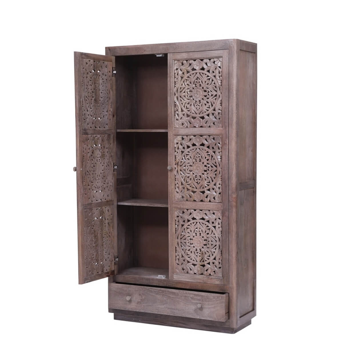 Rustic Hand carved Reclaimed Wood Armoire w Shelves And Drawer – handcrafted solid wood furniture