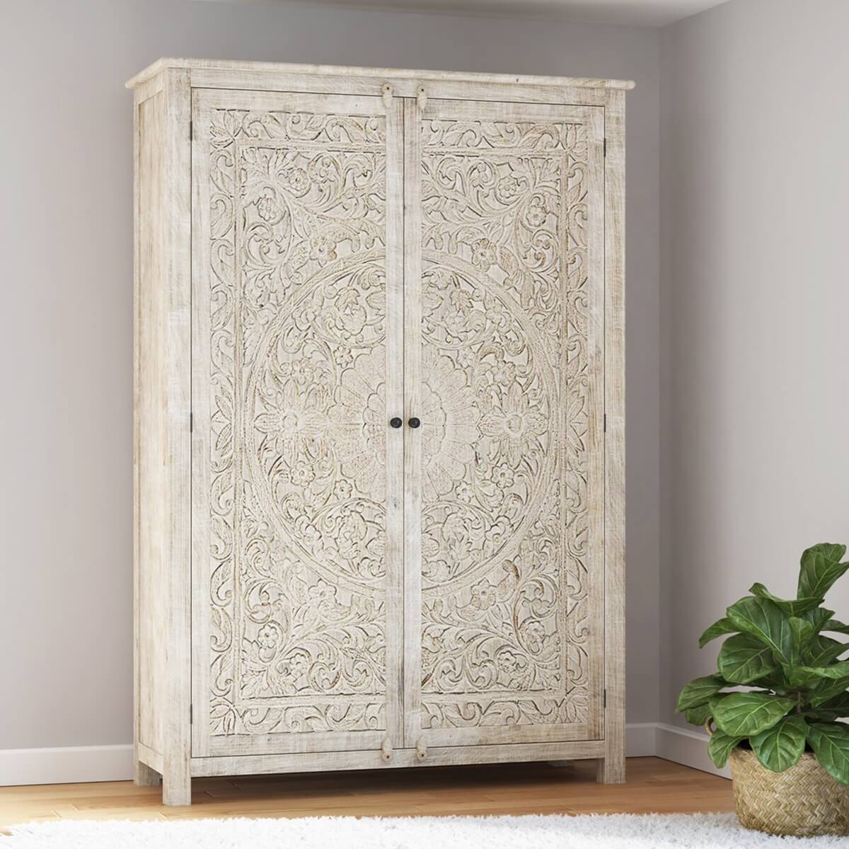 Salman Hand carved Solid Wood Large White Wardrobe Armoire – handcrafted solid wood furniture