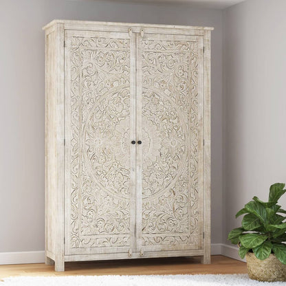 Salman Hand carved Solid Wood Large White Wardrobe Armoire – handcrafted solid wood furniture