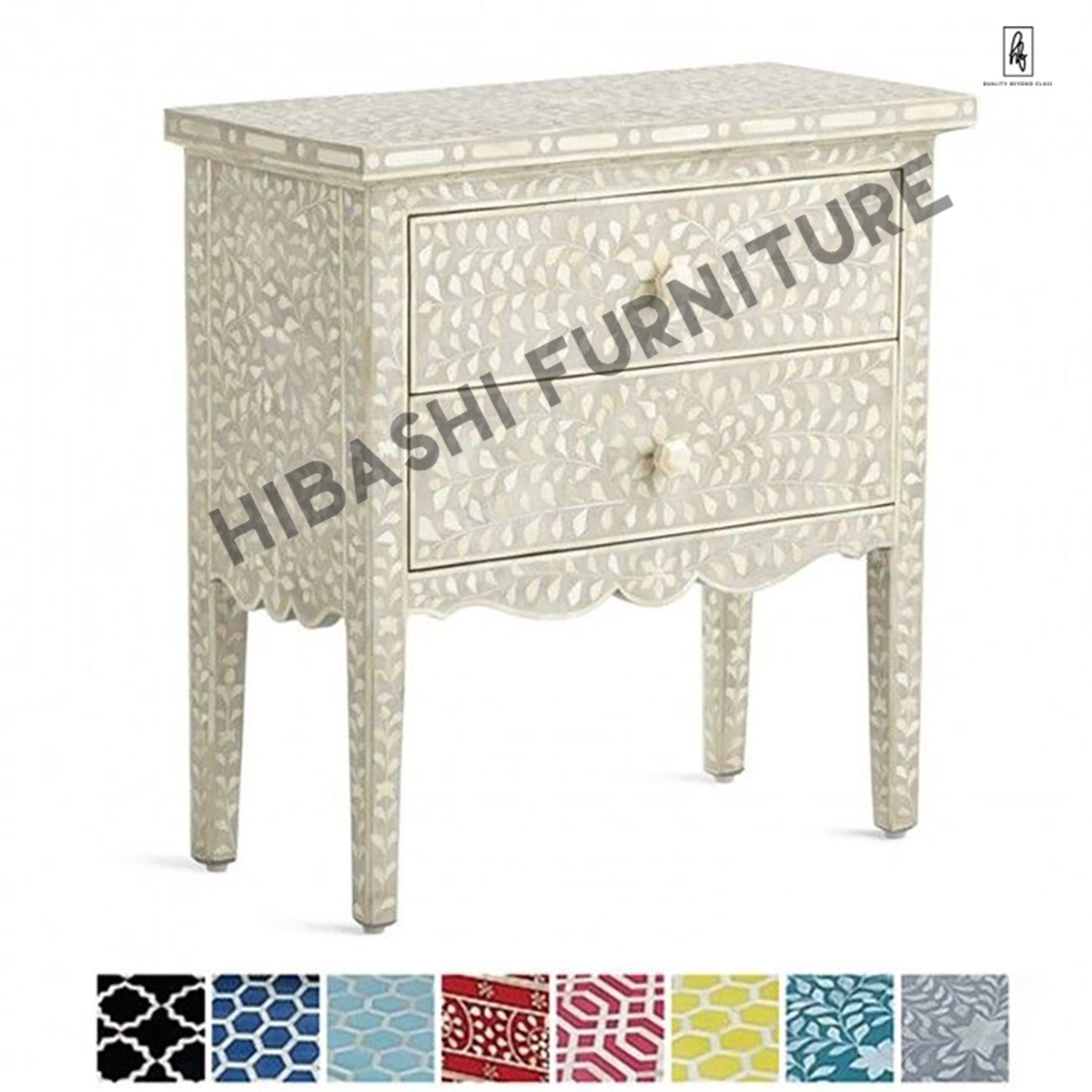 Santana Bone inlay White Floral 2 Drawer Bedside Lamp Table – handcrafted solid wood furniture