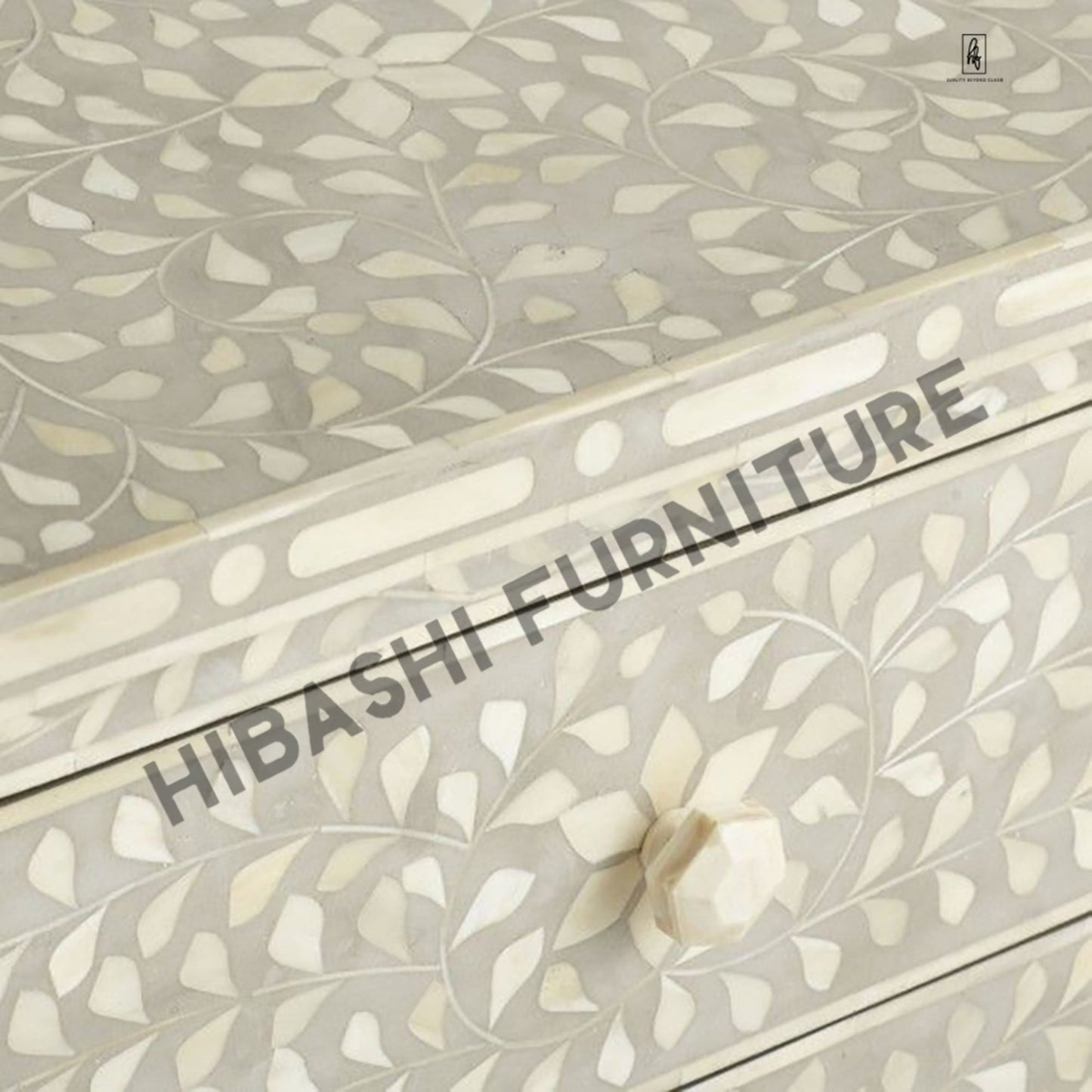 Santana Bone inlay White Floral 2 Drawer Bedside Lamp Table – handcrafted solid wood furniture