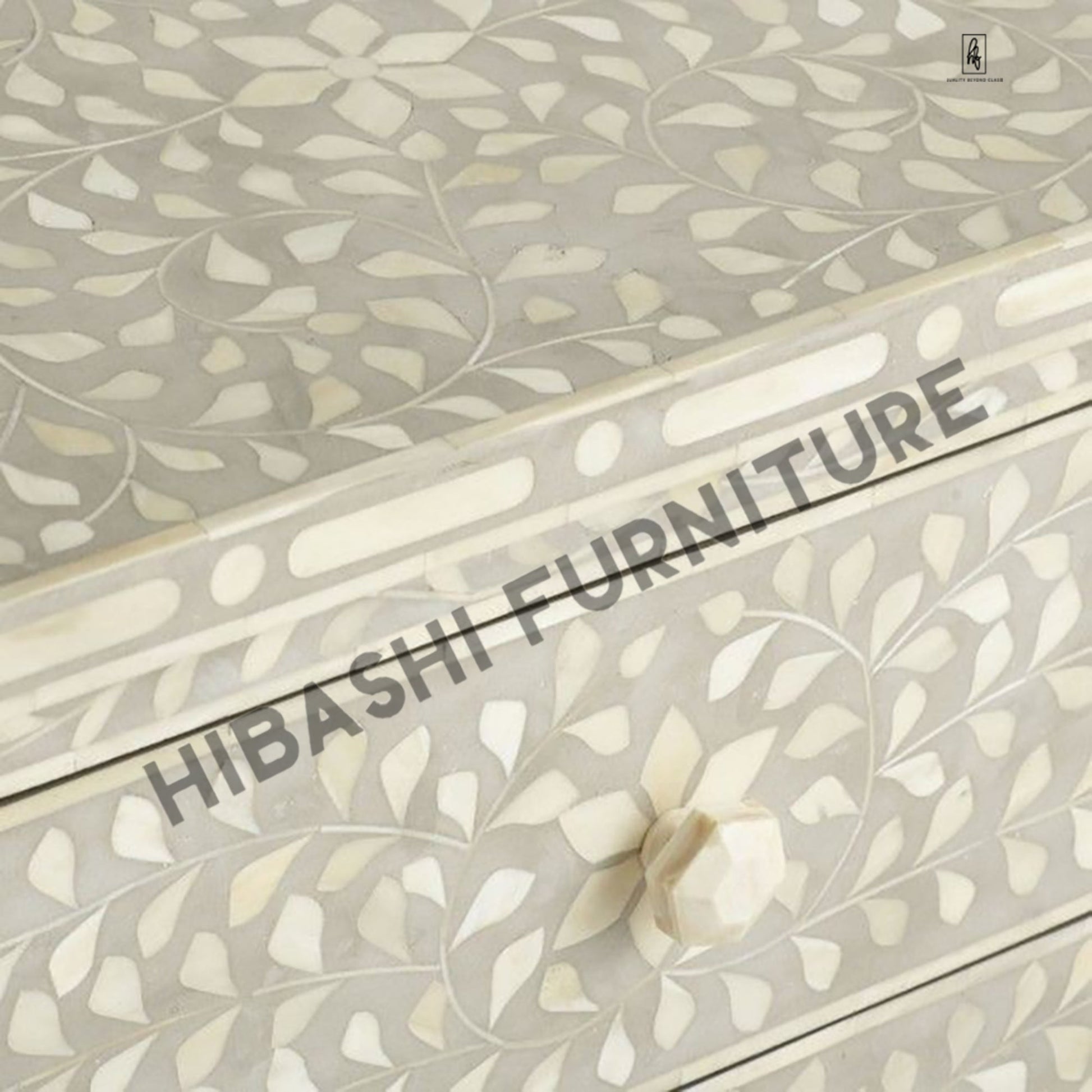 Santana Bone inlay White Floral 2 Drawer Bedside Lamp Table – handcrafted solid wood furniture