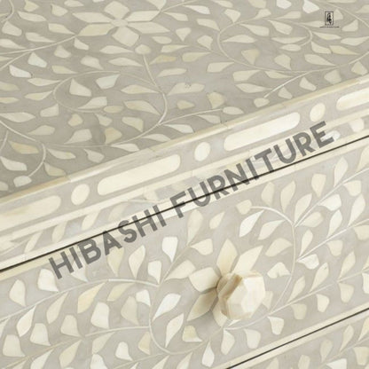 Santana Bone inlay White Floral 2 Drawer Bedside Lamp Table – handcrafted solid wood furniture