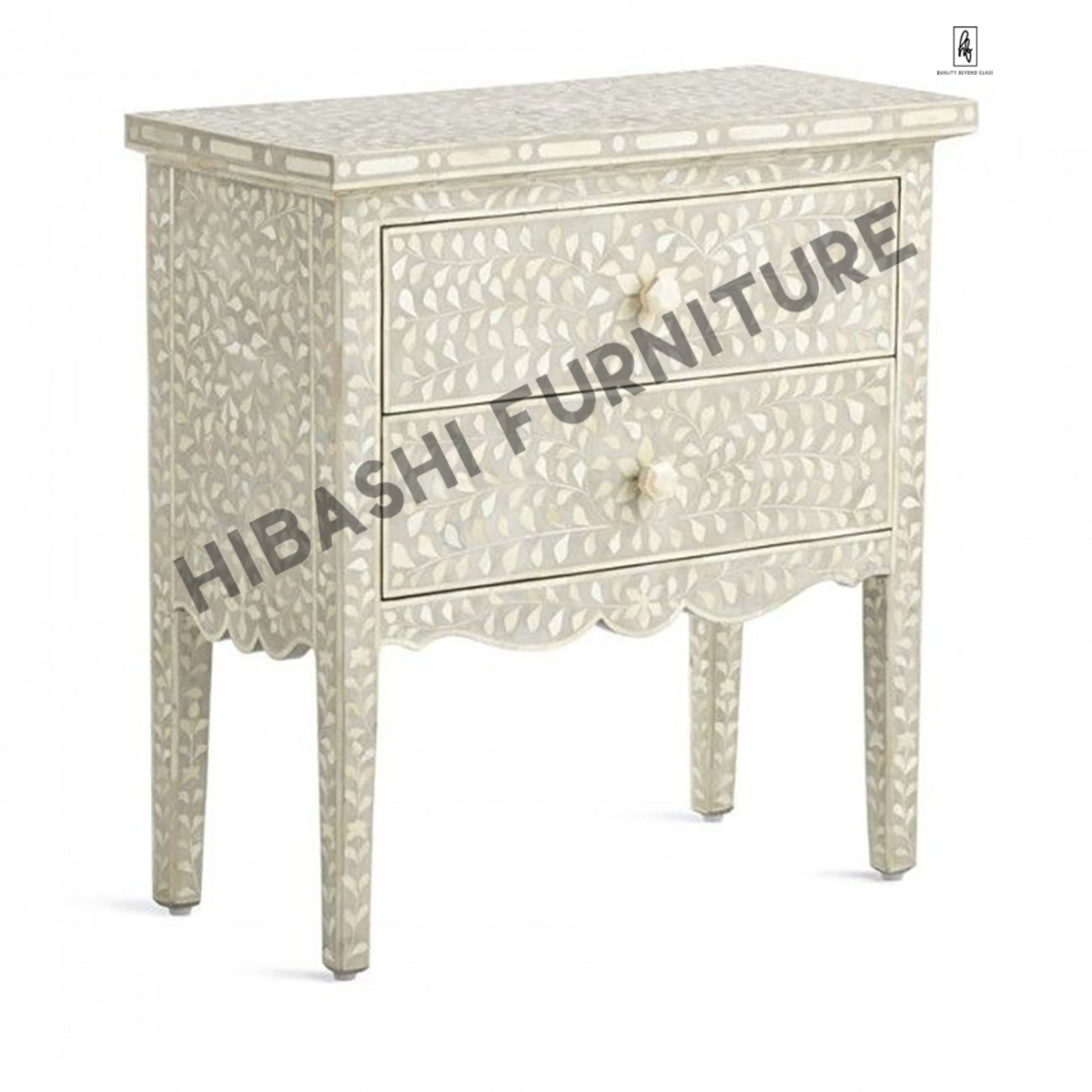 Santana Bone inlay White Floral 2 Drawer Bedside Lamp Table – handcrafted solid wood furniture