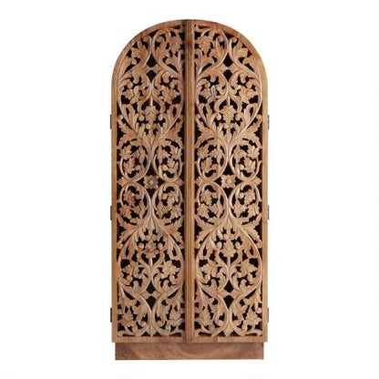 Sitra Arched Natural Floral Hand Carved Wood Storage Cabinet – handcrafted solid wood furniture