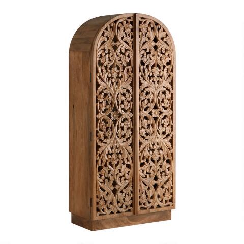 Sitra Arched Natural Floral Hand Carved Wood Storage Cabinet – handcrafted solid wood furniture