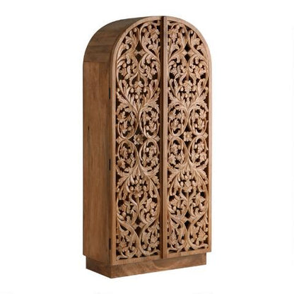 Sitra Arched Natural Floral Hand Carved Wood Storage Cabinet – handcrafted solid wood furniture
