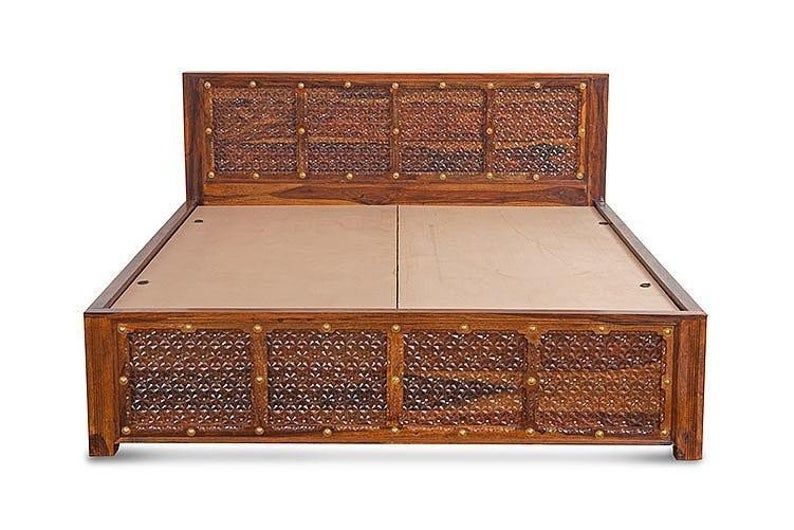 Solid Wood Brass Panache Bed with Storage and Embossed Antique Brass Work – handcrafted solid wood furniture