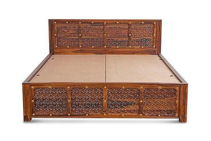 Solid Wood Brass Panache Bed with Storage and Embossed Antique Brass Work – handcrafted solid wood furniture