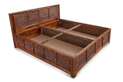 Solid Wood Brass Panache Bed with Storage and Embossed Antique Brass Work – handcrafted solid wood furniture