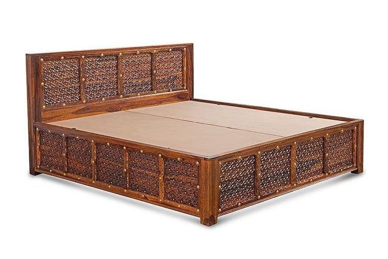 Solid Wood Brass Panache Bed with Storage and Embossed Antique Brass Work – handcrafted solid wood furniture