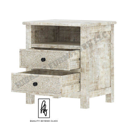Sunflower Hand carved Solid Wood White Nightstand With Drawer
