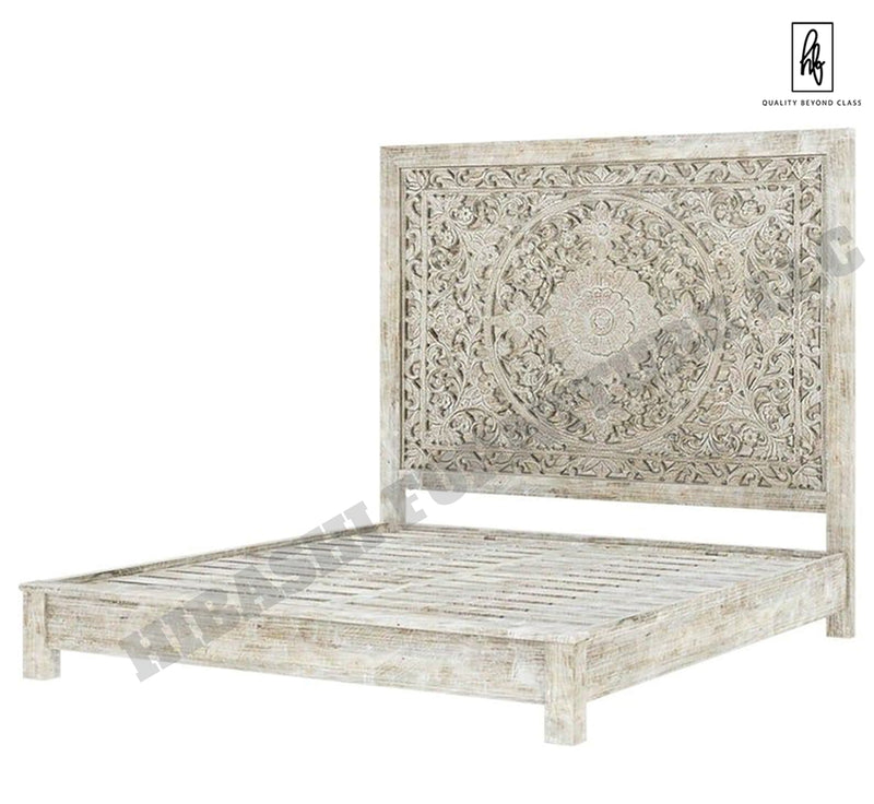 Estructura de cama de madera maciza tallada a mano con diseño de girasol
