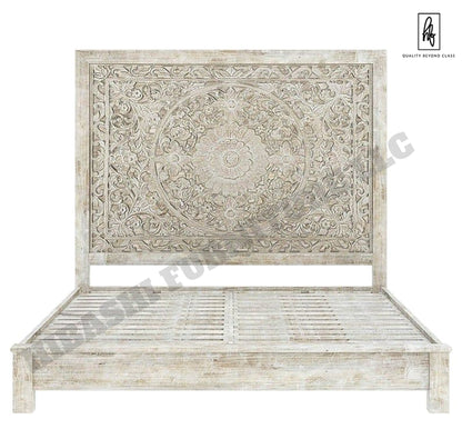 Sunflower Design Hand Carved Solid Wooden Bed Frame – handcrafted solid wood furniture