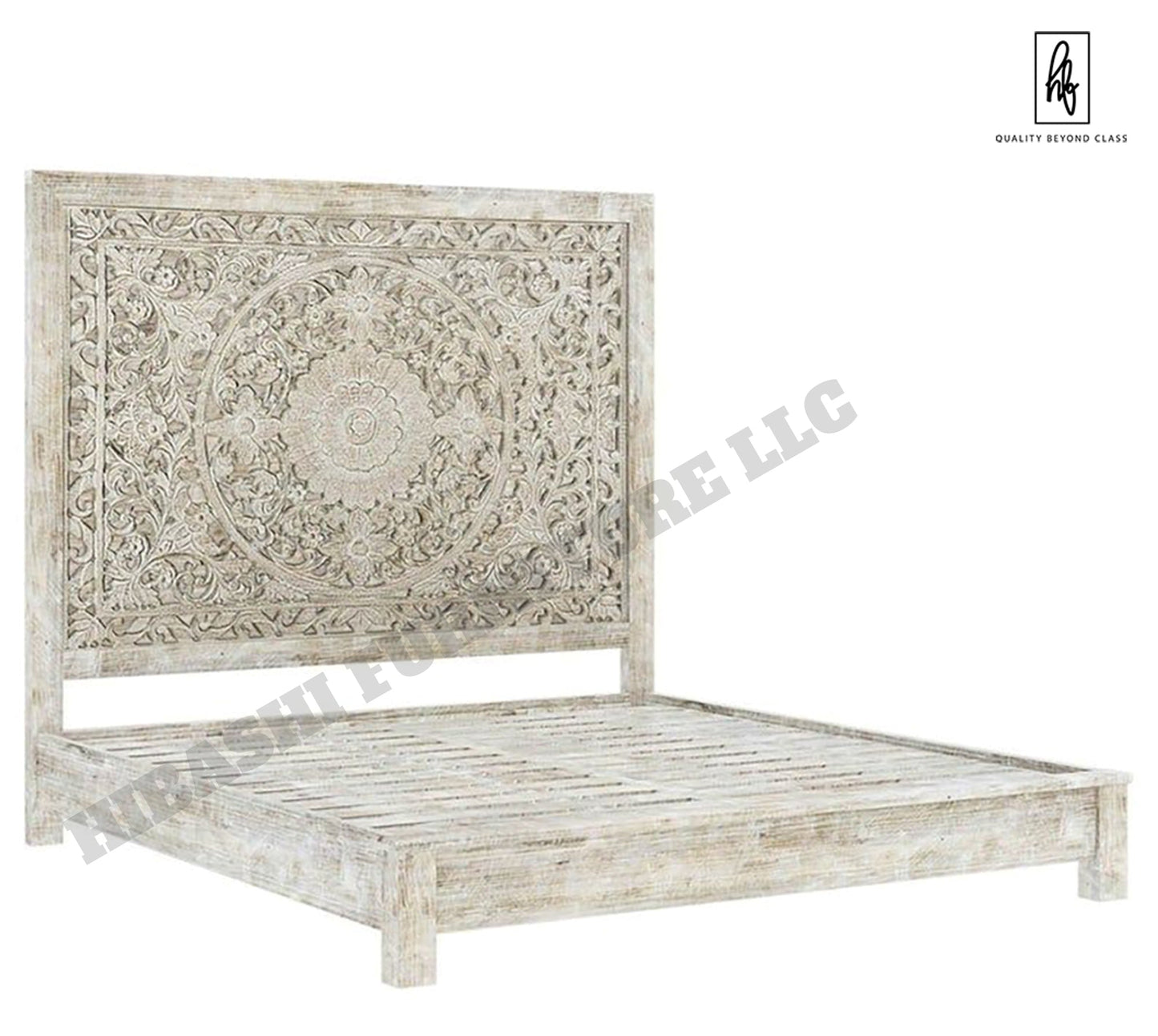 Sunflower Design Hand Carved Solid Wooden Bed Frame – handcrafted solid wood furniture