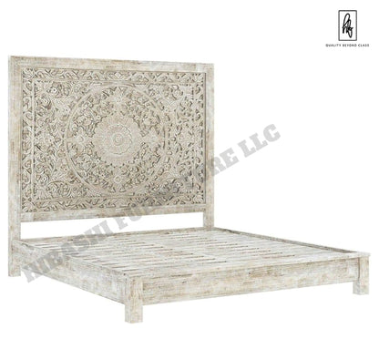 Sunflower Design Hand Carved Solid Wooden Bed Frame – handcrafted solid wood furniture
