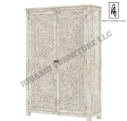 Sunflower Hand carved Solid Wood Large White Wardrobe Armoire – handcrafted solid wood furniture