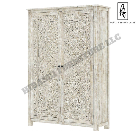Sunflower Hand carved Solid Wood Large White Wardrobe Armoire – handcrafted solid wood furniture