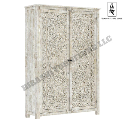 Sunflower Hand carved Solid Wood Large White Wardrobe Armoire – handcrafted solid wood furniture
