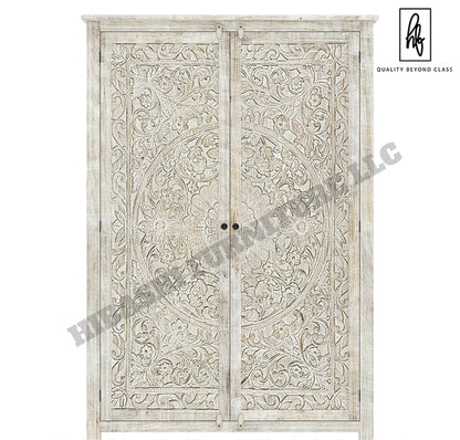 Sunflower Hand carved Solid Wood Large White Wardrobe Armoire – handcrafted solid wood furniture