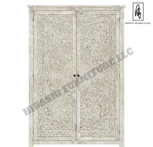 Sunflower Hand carved Solid Wood Large White Wardrobe Armoire – handcrafted solid wood furniture