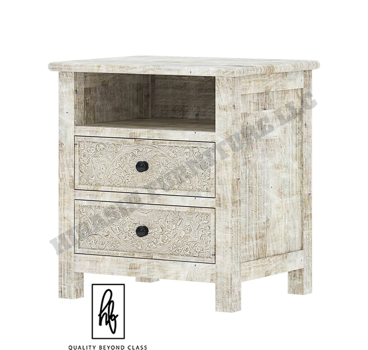 Sunflower Hand carved Solid Wood White Nightstand With Drawer – handcrafted solid wood furniture