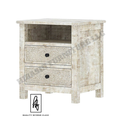 Sunflower Hand carved Solid Wood White Nightstand With Drawer – handcrafted solid wood furniture