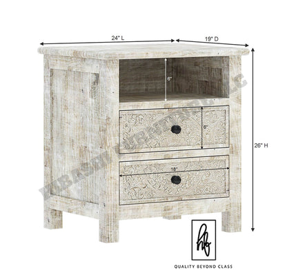 Sunflower Hand carved Solid Wood White Nightstand With Drawer – handcrafted solid wood furniture