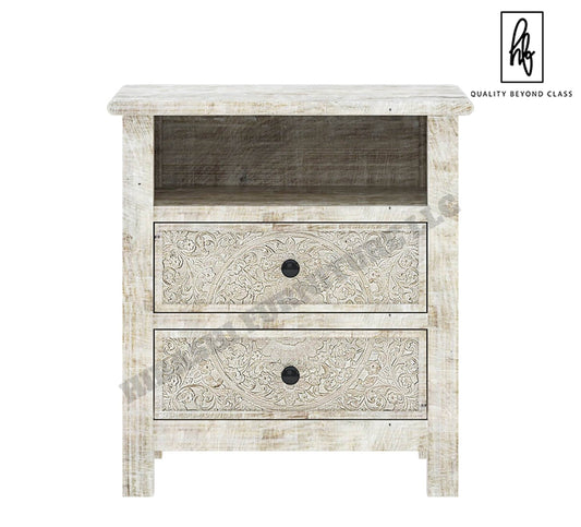 Sunflower Hand carved Solid Wood White Nightstand With Drawer – handcrafted solid wood furniture