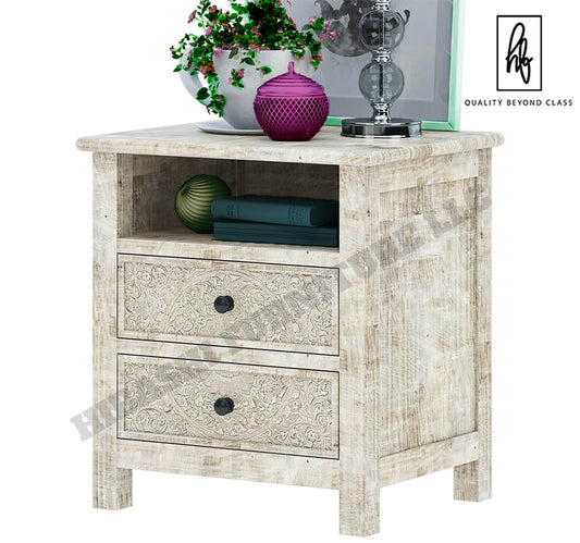 Sunflower Hand carved Solid Wood White Nightstand With Drawer – handcrafted solid wood furniture