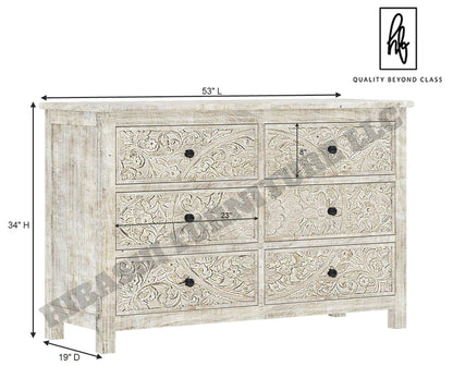 Sunflower Handcarved Solid Wood 6 Drawer White Bedroom Dresser – handcrafted solid wood furniture