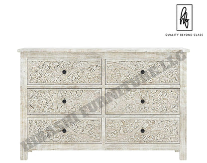 Sunflower Handcarved Solid Wood 6 Drawer White Bedroom Dresser – handcrafted solid wood furniture