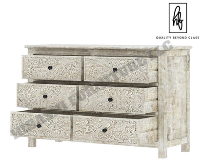 Sunflower Handcarved Solid Wood 6 Drawer White Bedroom Dresser – handcrafted solid wood furniture