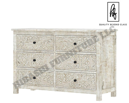 Sunflower Handcarved Solid Wood 6 Drawer White Bedroom Dresser – handcrafted solid wood furniture