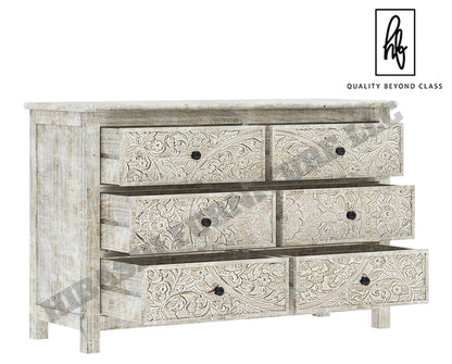 Sunflower Handcarved Solid Wood 6 Drawer White Bedroom Dresser – handcrafted solid wood furniture