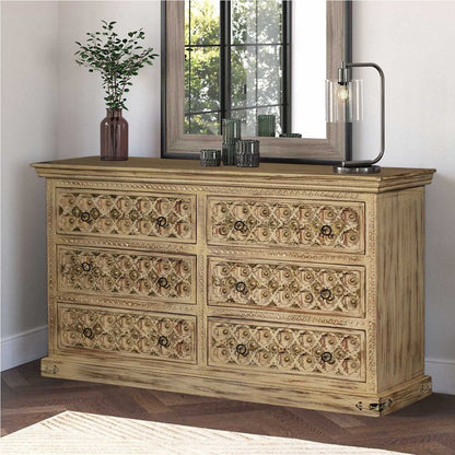 SUTE Hand Carved Six Drawers Solid Mango Wood Dresser – handcrafted solid wood furniture