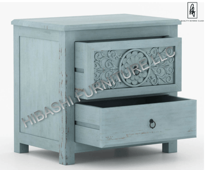 Tallaq Hand Carved Solid Mango Wood Bedside Table – handcrafted solid wood furniture