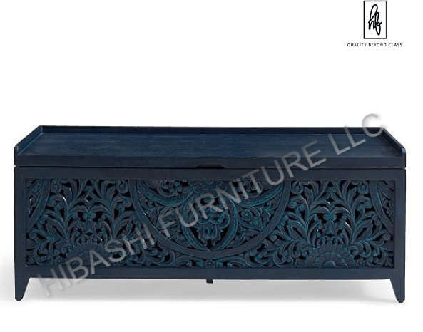 TARLAC Hand carved Storage Bench – handcrafted solid wood furniture