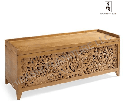 TARLAC Hand carved Storage Bench – handcrafted solid wood furniture