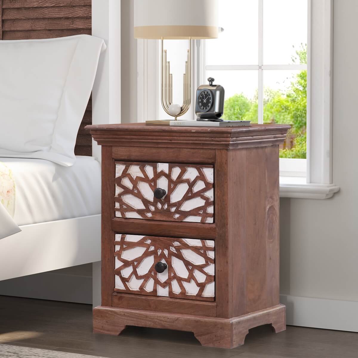 Traditional Mosaic Solid Wood Two Drawer Bedside Table – handcrafted solid wood furniture