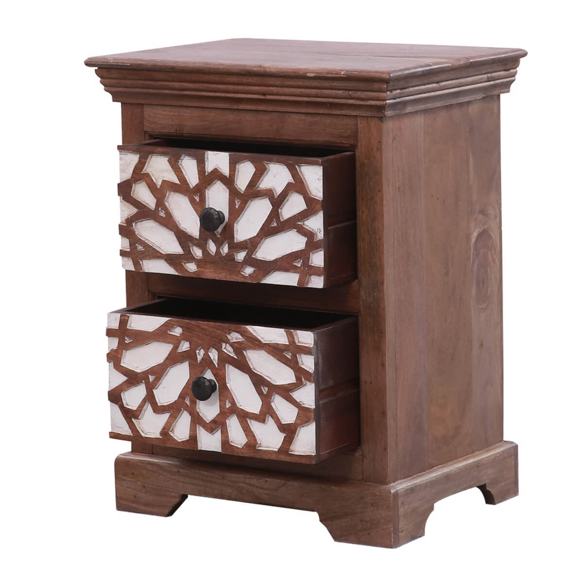 Traditional Mosaic Solid Wood Two Drawer Bedside Table – handcrafted solid wood furniture