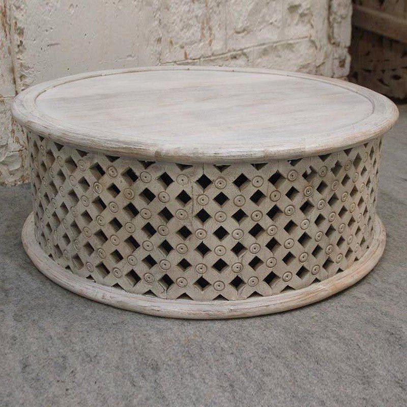 Wooden Round Drum Mesh Coffee Table/Center Table – handcrafted solid wood furniture