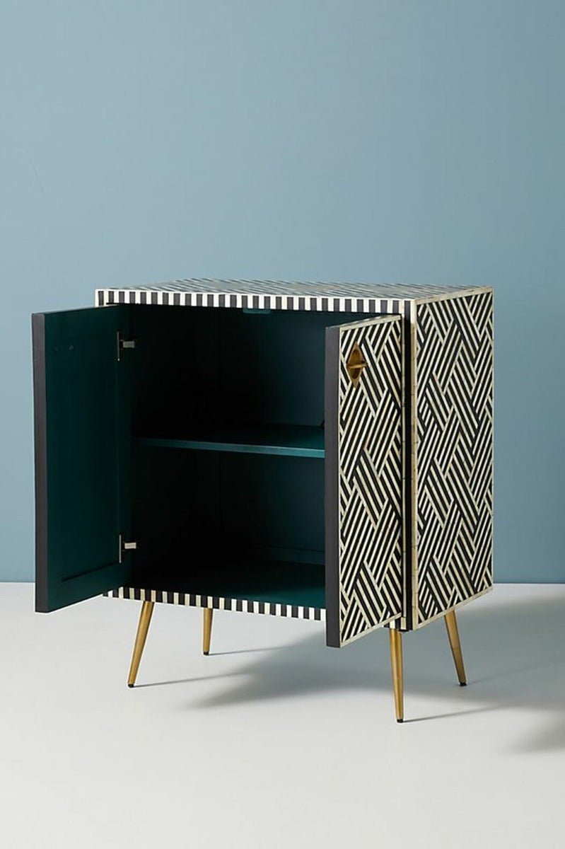 Zallaq Optical Bone Inlay Cabinet in Black – handcrafted solid wood furniture