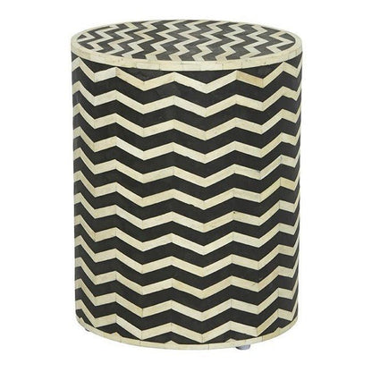 Zigzag Bone Inlay Round Drum Side and End Table - Size L by Hibashi Furniture – handcrafted solid wood furniture made in India