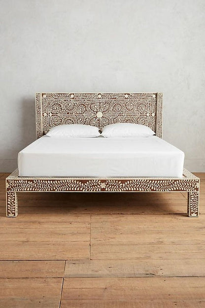 Zinj Bone Inlay Bed Frame in Brown Queen/King – handcrafted solid wood furniture